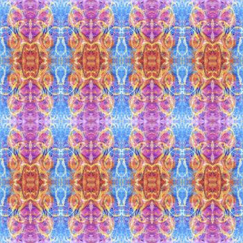 Hand drawn seamless pattern with folk national motives. Bright colored abstract wallpaper. Seamless texture. Geometric fabric design. Art painting. Pink blue colors. Native watercolor.