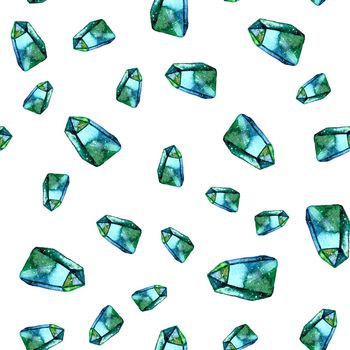 Watercolor illustration of diamond crystals - seamless pattern. Print for textile, fabric, wallpaper. Hand made painting. Jewel on white background. Unusual modern ornate.