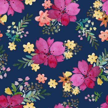 Romantic floral seamless pattern with rose flowers and leaf. Print for textile wallpaper endless. Hand-drawn watercolor elements. Beauty bouquets. Pink, red. green on blue background. Summer spring