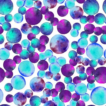 Seamless pattern. Watercolor abstract background. Watercolor round brushstrokes. On white background. Colorful and endless print. Violet blue bubble gum