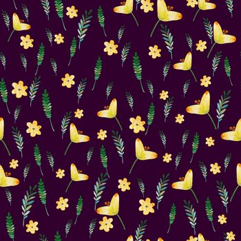 Seamless floral pattern with watercolor yellow flowers and leaves in vintage style. Hand made. Ornate for textile, fabric, wallpaper, print. Nature illustration. Painting elements.
