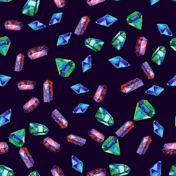 Watercolor illustration of diamond crystals - seamless pattern. Print for textile, fabric, wallpaper. Hand made painting. Jewel on dark background. Unusual modern ornate.