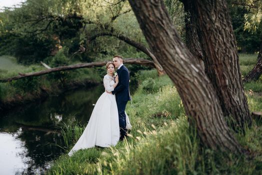 the groom and the bride are walking in the forest near a narrow river on a bright day