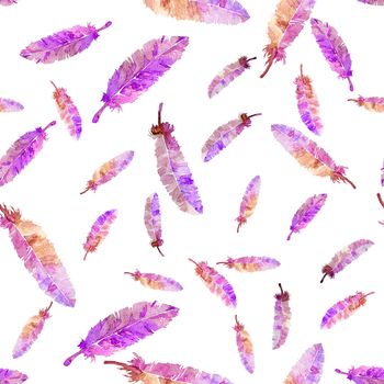 Watercolor feathers seamless pattern. Hand made element. Painting illustration. On white background. Violet pink color. Endless print wallpaper , textile. Vintage style.