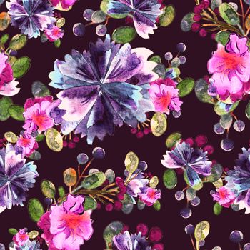 Watercolor floral pattern. Seamless pattern with purple and pink bouquet on white background. Colorful and lovely