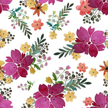 Romantic floral seamless pattern with flowers and leaf. Print for textile wallpaper endless. Hand-drawn watercolor elements. Beauty bouquets. Pink, yellow. green. orange on white background. Summer