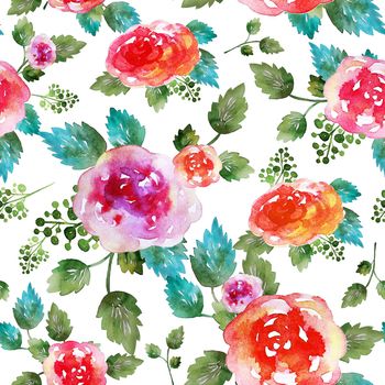 Vintage floral seamless pattern with rose flowers and leaf. Print for textile wallpaper endless. Hand-drawn watercolor elements. Beauty bouquets. Pink, red. green on white background. Female