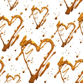 Seamless pattern with shine glitter heart and dots. Gold draw blots. Hand-made. Isolated on white background. Fabric print. Wallpaper. 3D rendering love