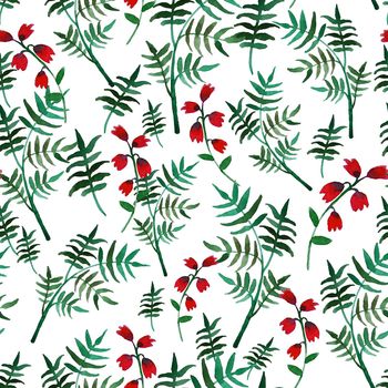 Seamless floral pattern with watercolor red flowers and leaves in vintage style on white background. Hand made. Ornate for textile, fabric, wallpaper, print. Nature illustration. Painting elements.