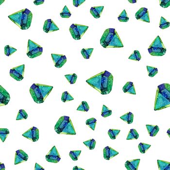 Watercolor illustration of diamond crystals - seamless pattern. Print for textile, fabric, wallpaper. Hand made painting. Jewel on white background. Unusual modern ornate.