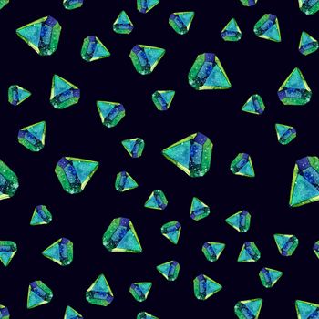 Watercolor illustration of diamond crystals - seamless pattern. Print for textile, fabric, wallpaper. Hand made painting. Jewel on dark background. Unusual modern ornate.