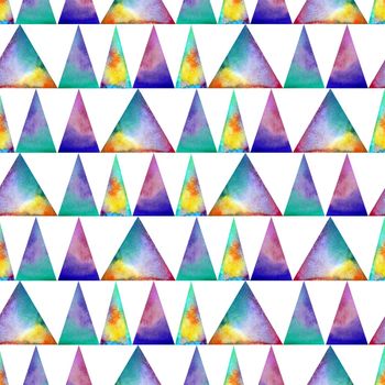 Watercolor seamless pattern. With colofrul triangles on white background . Endless print