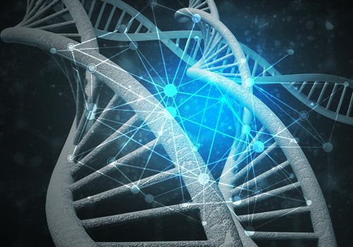 Background image with DNA molecule research concept. 3D rendering