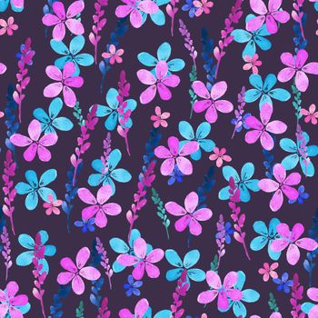 Seamless floral pattern with watercolor blue pink flowers and leaves in vintage style on violet background. Hand made. Ornate for textile, fabric, wallpaper, print. Nature illustration. Painting elements.