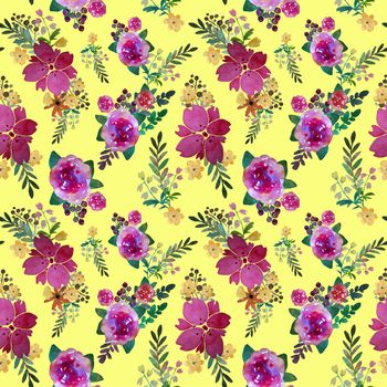Romantic floral seamless pattern with rose flowers and leaf. Print for textile wallpaper endless. Hand-drawn watercolor elements. Beauty bouquets. Pink, red. green on yellow background. Summer spring