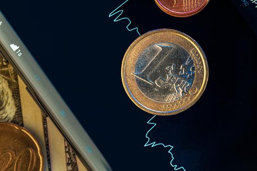 Euro coin on stock chart. Financial investment concept. Close up.