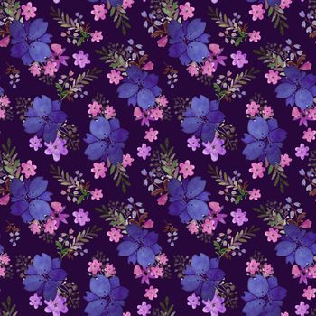 Romantic floral seamless pattern with flowers and leaf. Print for textile wallpaper endless. Hand-drawn watercolor elements. Beauty bouquets. Pink, blue . green. pink on dark background. Summer