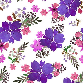 Romantic floral seamless pattern with flowers and leaf. Print for textile wallpaper endless. Hand-drawn watercolor elements. Beauty bouquets. Pink, violet . green. pink on white background. Summer