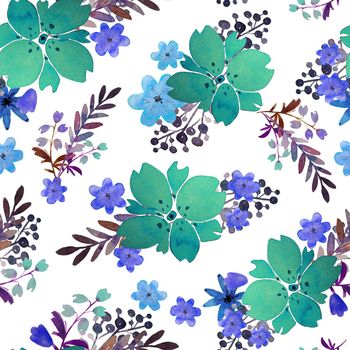 Romantic floral seamless pattern with flowers and leaf. Print for textile wallpaper endless. Hand-drawn watercolor elements. Beauty bouquets. Pink, blue . green. pink on white background. Summer