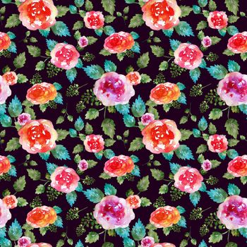 Vintage floral seamless pattern with rose flowers and leaf. Print for textile wallpaper endless. Hand-drawn watercolor elements. Beauty bouquets. Pink, red. green on dark background. Female