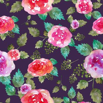 Vintage floral seamless pattern with rose flowers and leaf. Print for textile wallpaper endless. Hand-drawn watercolor elements. Beauty bouquets. Pink, red. green on violet background. Female