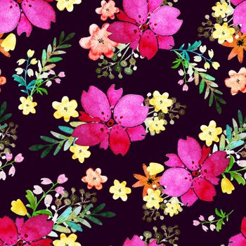 Romantic floral seamless pattern with rose flowers and leaf. Print for textile wallpaper endless. Hand-drawn watercolor elements. Beauty bouquets. Pink, red. green on violet background. Summer spring