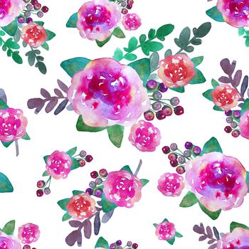 Vintage floral seamless pattern with rose flowers and leaf. Print for textile wallpaper endless. Hand-drawn watercolor elements. Beauty bouquets. Pink, red. green on white background. Female