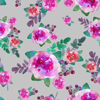 Vintage floral seamless pattern with rose flowers and leaf. Print for textile wallpaper endless. Hand-drawn watercolor elements. Beauty bouquets. Pink, red. green on gray background. Female