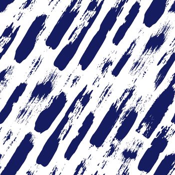seamless pattern with brush stripes and strokes. Blue color on white background. Hand painted grange texture. Ink geometric elements. Fashion modern style. Endless fabric print. Retro