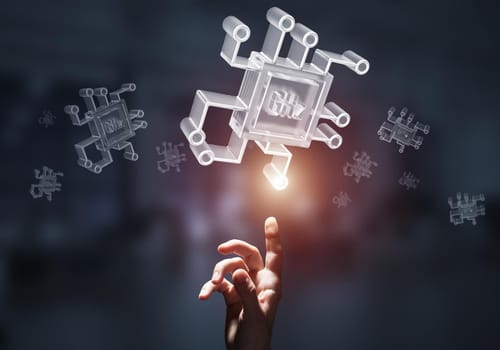 Close of businessman hand touching glass chip icon on dark office background. Mixed media