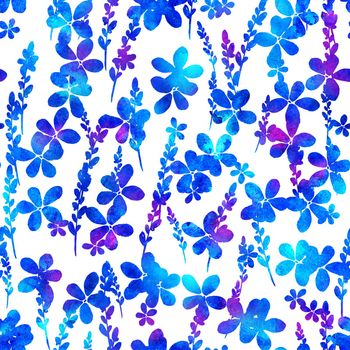 seamless pattern with brush flowers and leaf. Blue watercolor color on white background. Hand painted grange texture. Ink forest elements. Fashion modern style. Endless fabric print. Unusual and teen