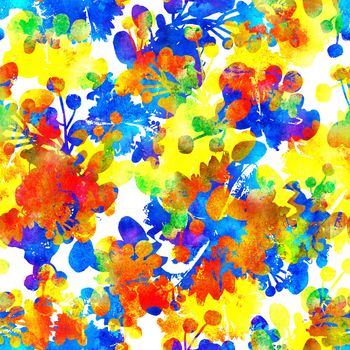 seamless pattern with brush flowers and leaves plant . Rainbow watercolor color on white background. Hand painted grange texture. Ink forest elements. Fashion modern style. Endless fabric print. Unusual and teen art