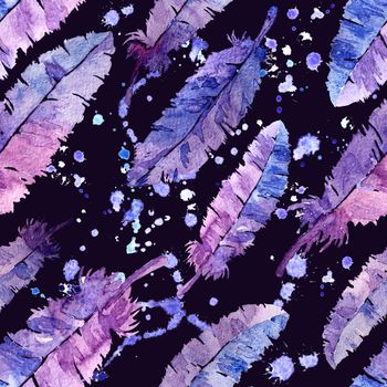 Watercolor feathers seamless pattern. Colorful feathers with watercolor texture pattern. Violet background