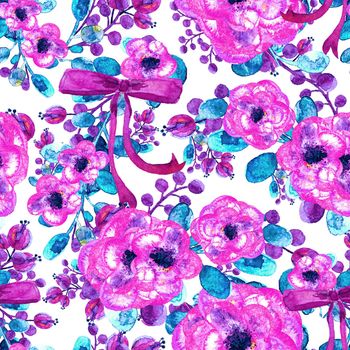 Watercolor floral pattern. Seamless pattern with purple and pink bouquet on white background. Colorful and lovely