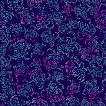 Watercolor Seamless flower pink blue doodle on violet background pattern. Hand drawn elements. Bright art for textile, wallpaper. Vintage texture. Endless print. Fabric