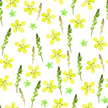 Seamless floral pattern with watercolor yellow flowers and leaves in vintage style. Hand made. Ornate for textile, fabric, wallpaper, print. Nature illustration. Painting elements.