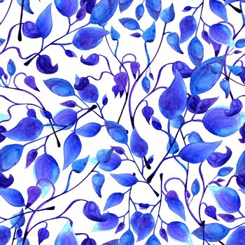 hand painted watercolor blue leaves seamless floral endless background. leaf pattern