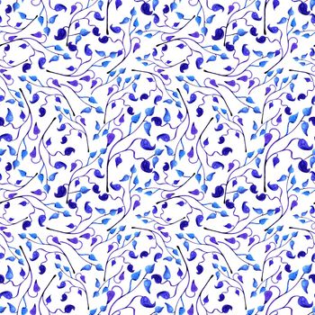 hand painted watercolor blue leaves seamless floral endless background. leaf pattern