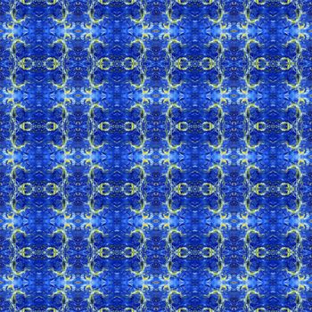 Hand drawn seamless pattern with folk national motives. Bright colored abstract wallpaper. Seamless texture. Geometric fabric design. Art painting. Blue colors. Native.