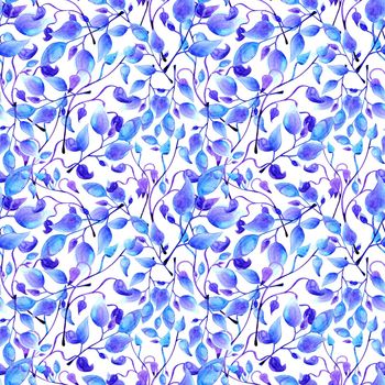 hand painted watercolor blue leaves seamless floral endless background. leaf pattern