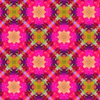Hand drawn seamless pattern with folk national motives. Bright colored abstract wallpaper. Seamless texture. Geometric fabric design. Art painting. Pink colors. Native. Patchwork, and scraps