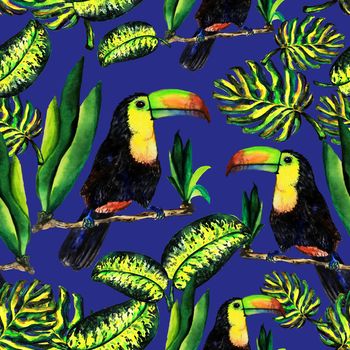 Seamless pattern of leaves monstera and Toucan. Watercolor sheet