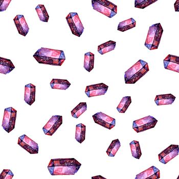 Watercolor illustration of diamond crystals - seamless pattern. Print for textile, fabric, wallpaper. Hand made painting. Jewel on white background. Unusual modern ornate.