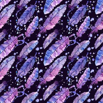 Watercolor feathers seamless pattern. Colorful feathers with watercolor texture pattern. Violet background