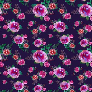 Romantic floral seamless pattern with rose flowers and leaf. Print for textile wallpaper endless. Hand-drawn watercolor elements. Beauty bouquets. Pink, red. green on dark background. Summer spring