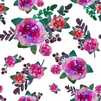 Romantic floral seamless pattern with rose flowers and leaf. Print for textile wallpaper endless. Hand-drawn watercolor elements. Beauty bouquets. Pink, red. green on white background. Summer spring