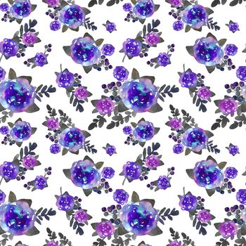 Romantic floral seamless pattern with rose flowers and leaf. Print for textile wallpaper endless. Hand-drawn watercolor elements. Beauty bouquets. Pink, violet . green on white background. Summer spring