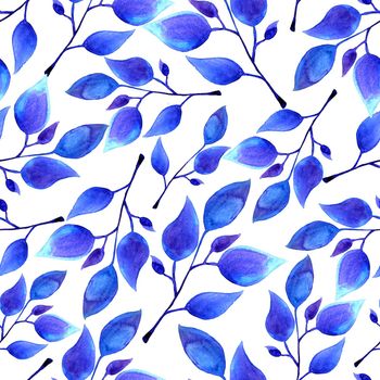 hand painted watercolor blue leaves seamless floral endless background. leaf pattern