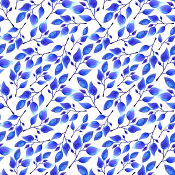 hand painted watercolor blue leaves seamless floral endless background. leaf pattern