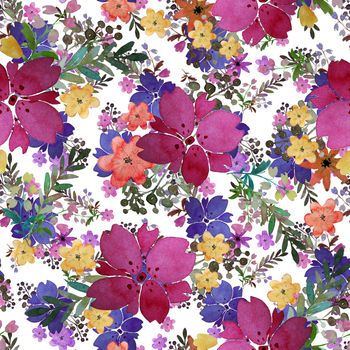 Romantic floral seamless pattern with flowers and leaf. Print for textile wallpaper endless. Hand-drawn watercolor elements. Beauty bouquets. Pink, yellow. green. orange on white background. Summer